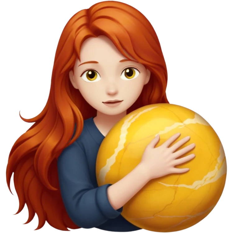 Happy long haired redhead hugging big yellow marble emoji