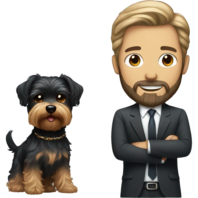 white man with beard and black woman with curl hair holding a mini Yorkshire terrier  emoji