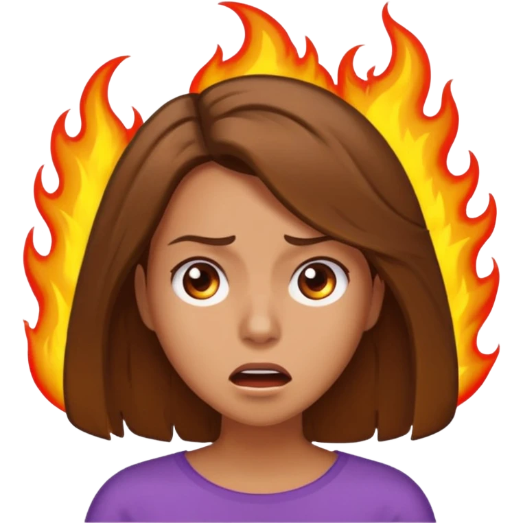 Woman with hair on fire looking stressed and panicked with brown shoulder length hair emoji