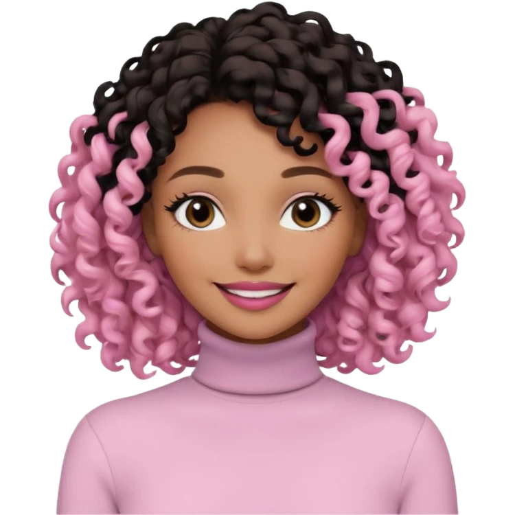 a woman with white long sleeve turtle neck top and smile, her hair is long curly and the color is black, her eyes color are black and the color of her lip is soft pink emoji