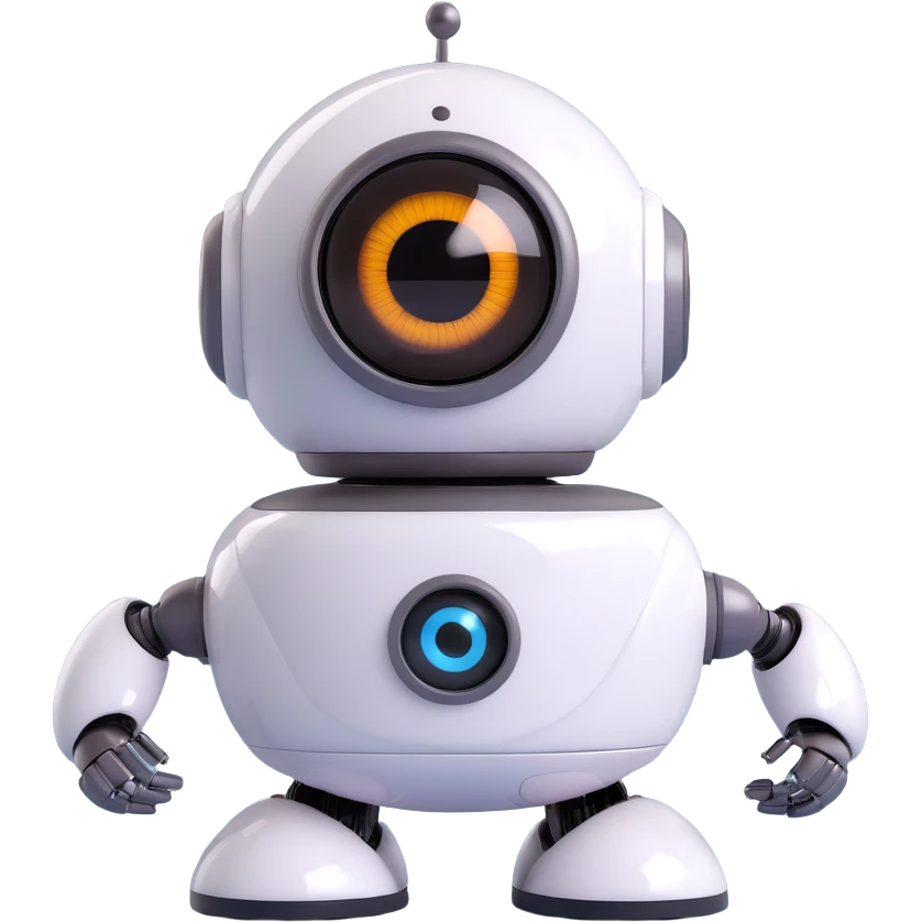 Friendly robot with big expressive eyes — round head, glossy finish, slightly clumsy but charming (think Wall-E meets Baymax). emoji