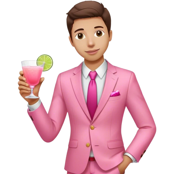 Sam Altman-like character in all pink suit, with one hand holding a pink tequila drink emoji