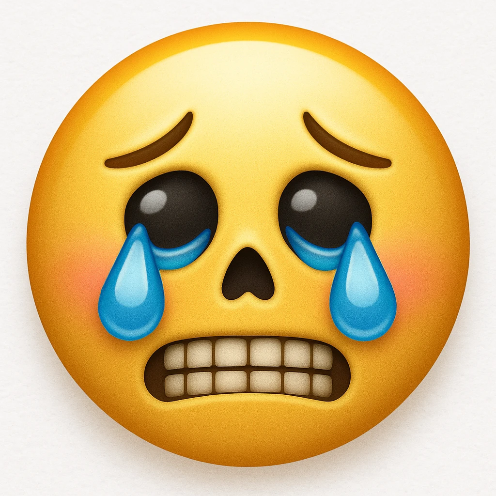 Edit the sad skeleton face emoji exactly like the reference but add tears to its eyes. Maintain the iOS emoji style and add a slight blush to the cheeks. Keep all other details and style unchanged. emoji