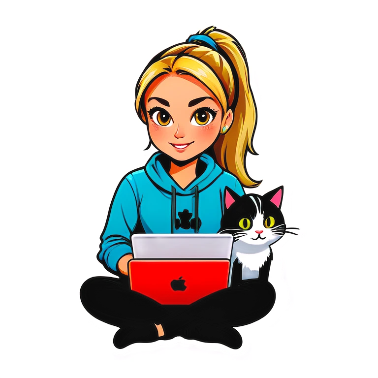 Blonde girl ponytail macBook and a cat emoji