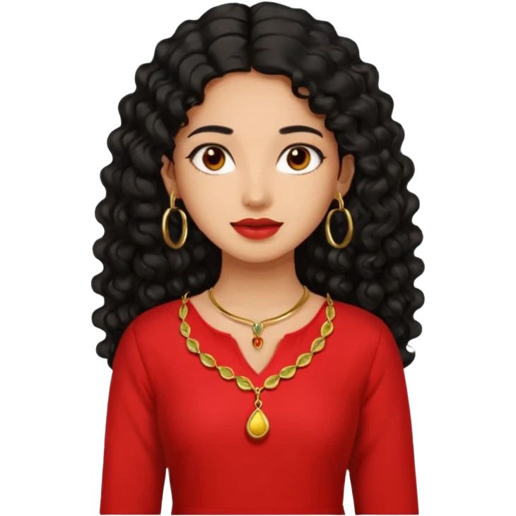 generate a pretty bratz girl with a red kurti, long black curly hair, hoops, emoji