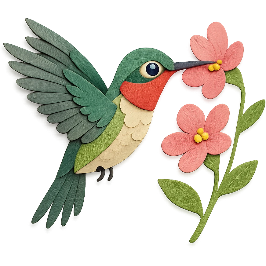 ruby-throated hummingbird, intricate paper feathers, hovering at pink flowers, expressive eye emoji