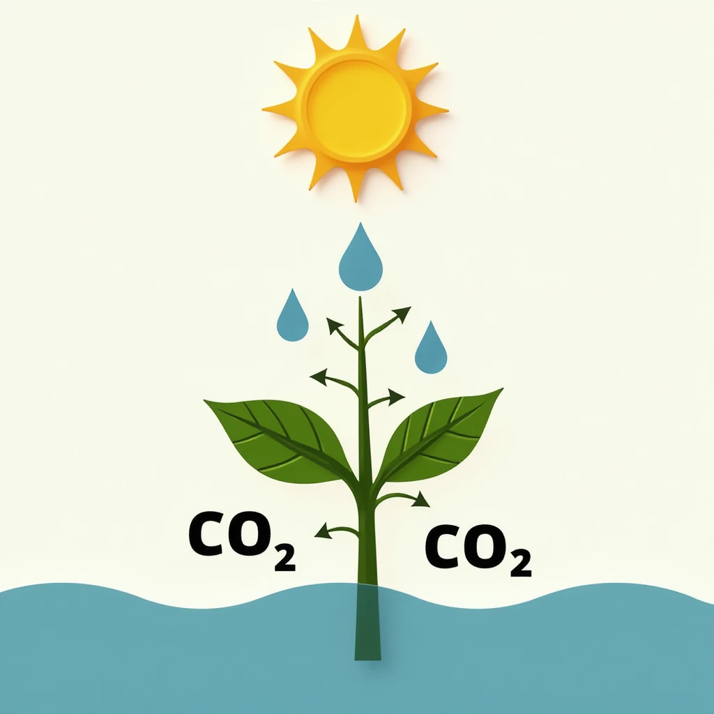 realistic stylized diagram of photosynthesis: leaf, sun, water droplets, and CO₂ arrows, no background, transparent emoji