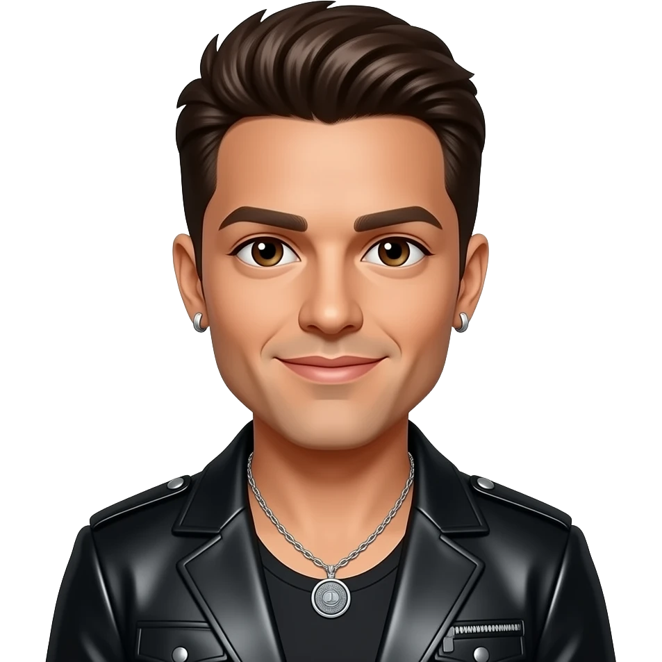 Ricky Martin with brown eyes, brown hair, black metallic latin pop outfit, necklace and earrings emoji