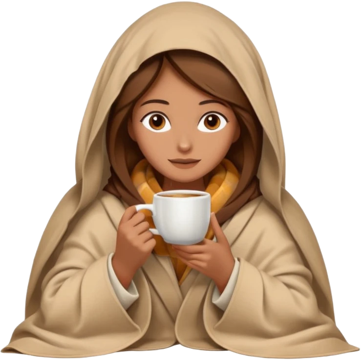 brown hair woman sitting under beige blanket, with a blanket over his head, holding cup of coffee, autumn mood emoji