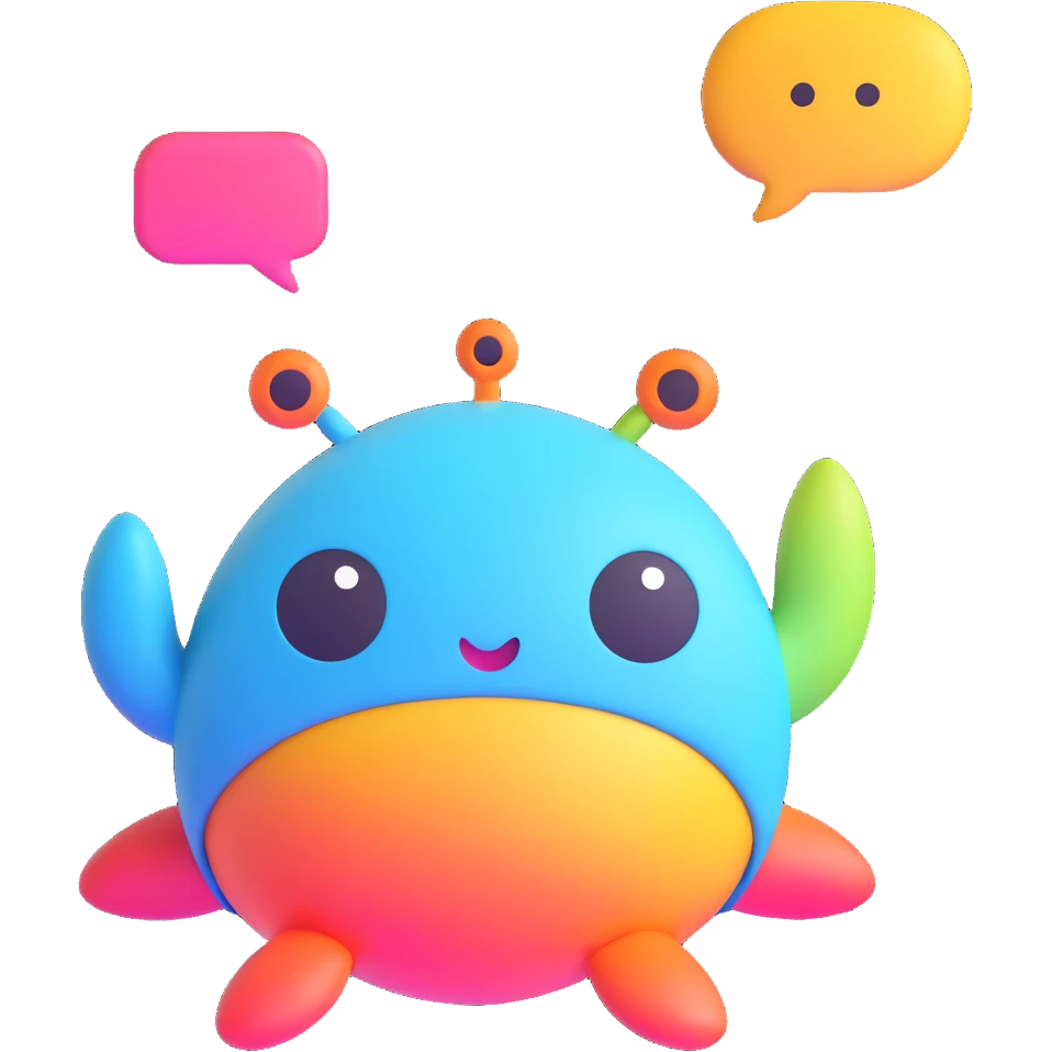 Retro game mascot — like a Tamagotchi-style AI creature, round and colorful with a speech bubble. emoji