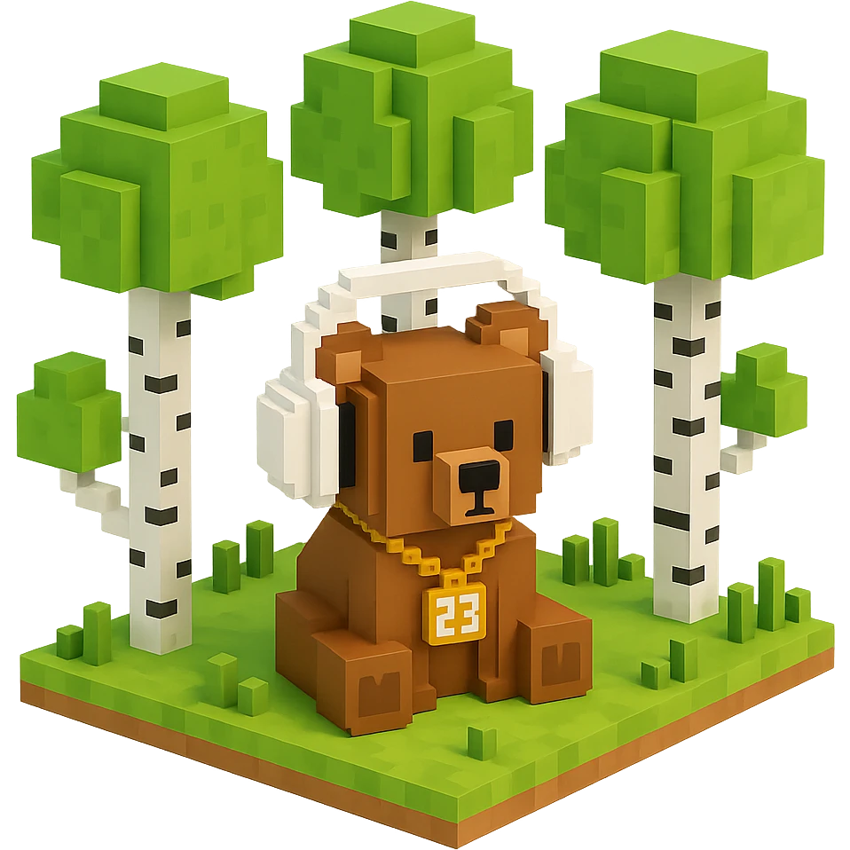 березовый лес, в котором сидит бурый медвежонок в белых наушниках (наушники должны закрывать уши медведя), на медведе цепь с подвеской "23", no background  emoji