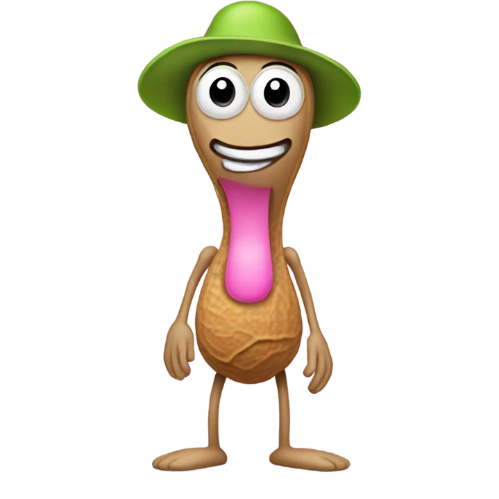 peanut with legs no arms and a pink hat with a light green emoji