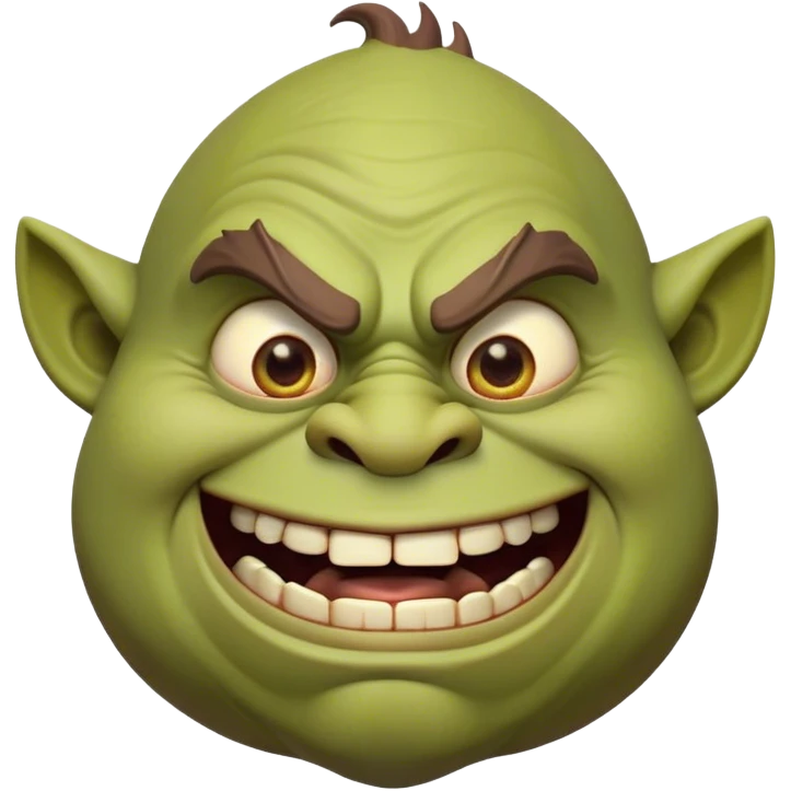Cinematic Comical Ogre Portrait Emoji, with a strikingly exaggerated, bulky figure in vivid earthy greens and browns, head tilted in a dramatically surprised expression with wide, comically bulging eyes and a goofy, oversized grin, simplified yet hilariously exaggerated, highly detailed with a soft, cartoonish glowing outline capturing the playful absurdity of a meme-worthy ogre! emoji