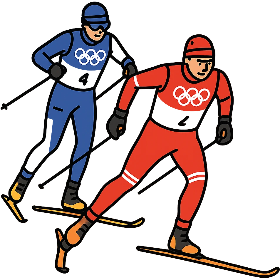 Create a vector style illustration of a sportsman skier running on cross-country skis using the skate technique. Match the pose and clothing from the reference photo. Include clean outlines, shadows, and highlights to emphasize dynamic movement. The background should be transparent. emoji