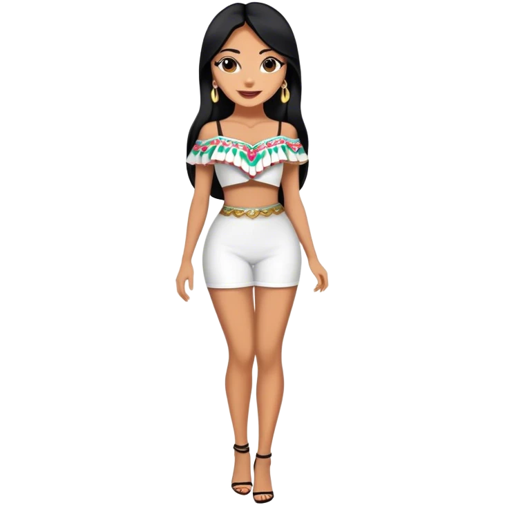 beautiful woman boss, with long straight black hair, with make up, black eye liner, smile, mexican, brown skin, wearing beautiful sexy outfit and white earings, she stand up, full body emoji