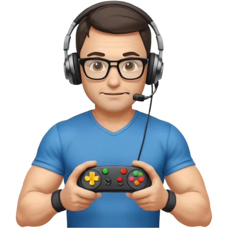 
gamer, Very fit muscular 40-year-old with youthful looks glasses, headphone, gamepad emoji