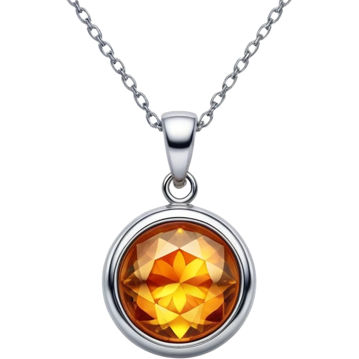extreme close up of a round cut holographic amber charm with silver metal accent and delicate chain emoji