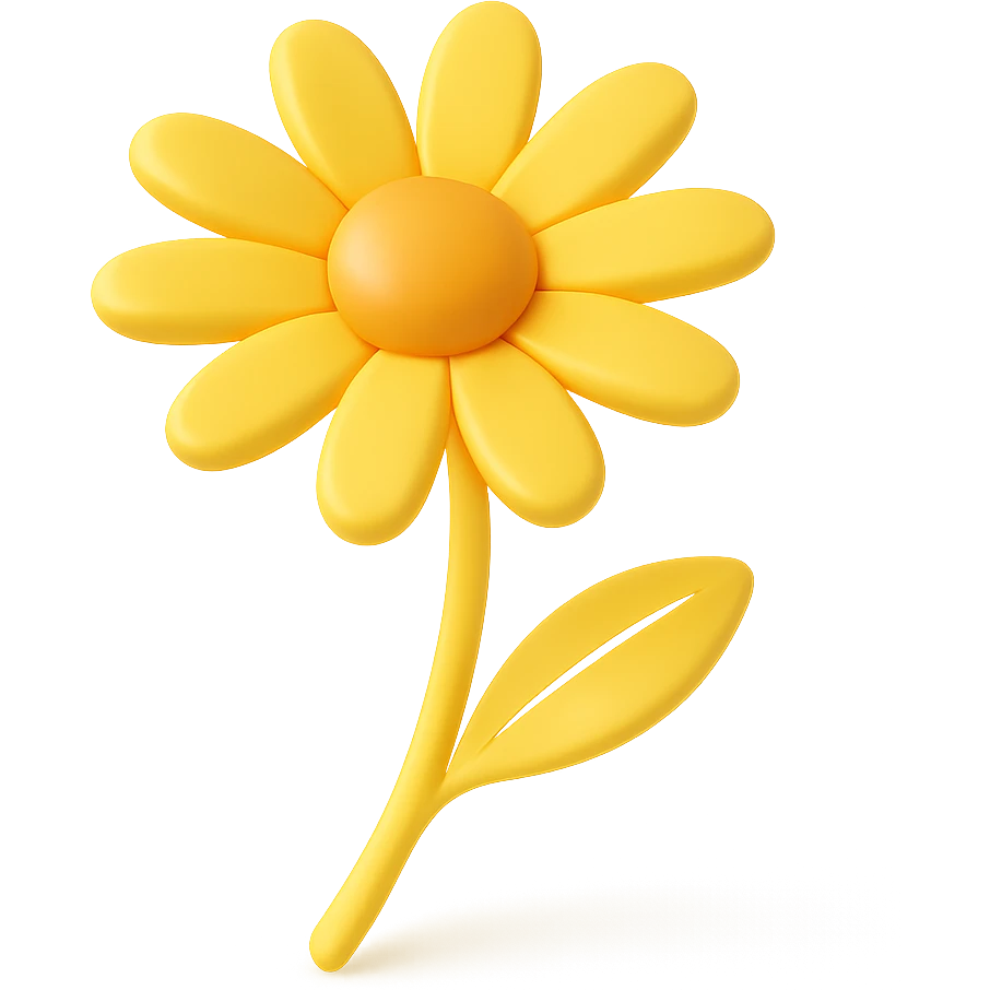 3D iOS style illustration of a yellow daisy flower, realistic and glossy, with a soft shadow, on a transparent background. emoji