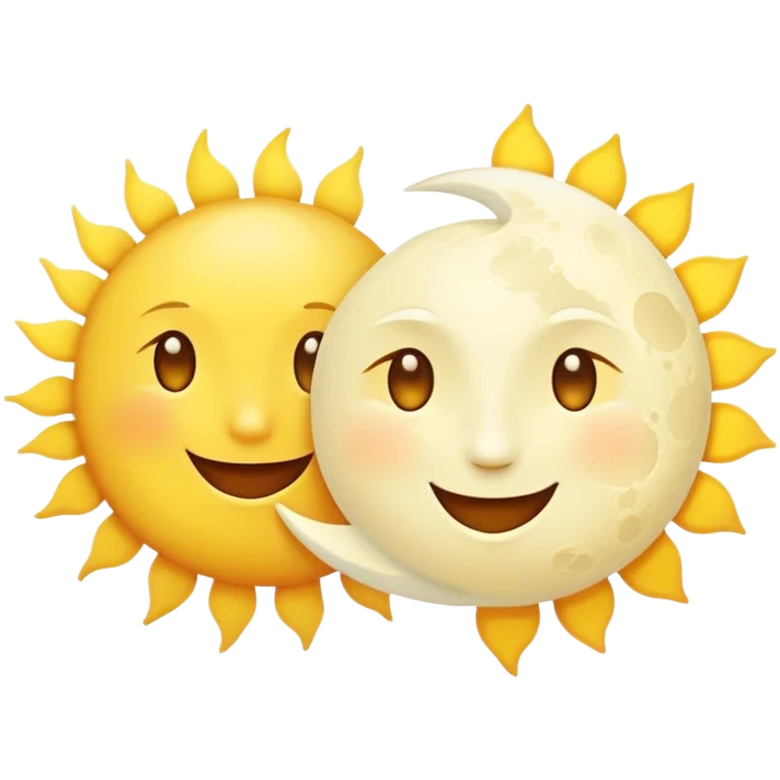 a really bright  big sun and a small moon who shines because of it. the sun is bigger and the tiny \moon bright too beside it smiling looking at each other emoji