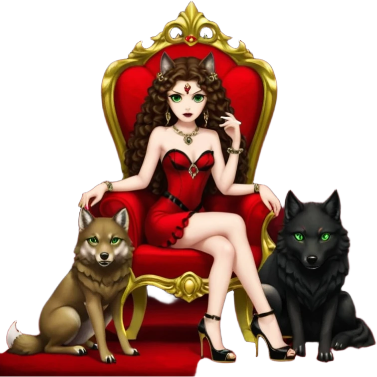 Lilith green eyes, symbol seductress evil brown curly long hair haired, sexy succubus woman with red and black Chanel dress on. A red and black stiletto platform high heel shoes on. sitting on a Black and gold throne. A large black fur wolf sitting beside her. Red rubies surround them both emoji