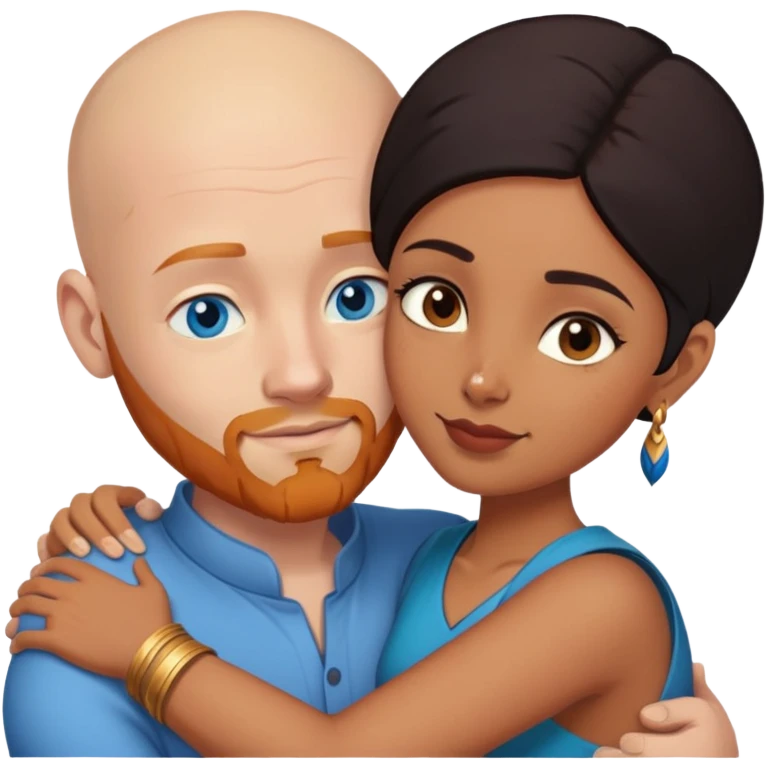 Bald white male with ginger beard and blue eyes hugging indian brown woman with short DARK black hair emoji