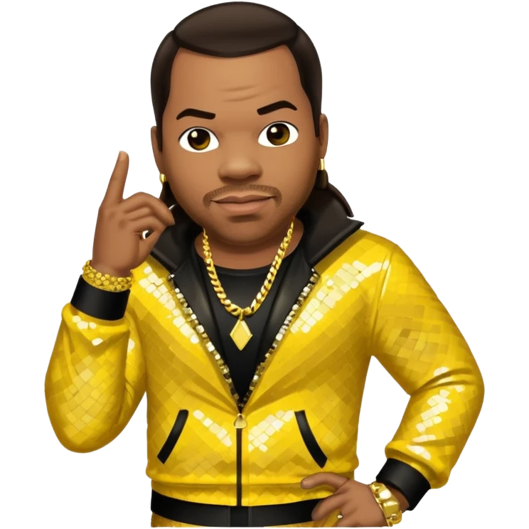 Busta Rhymes with dark brown hair, yellow sequin outfit emoji