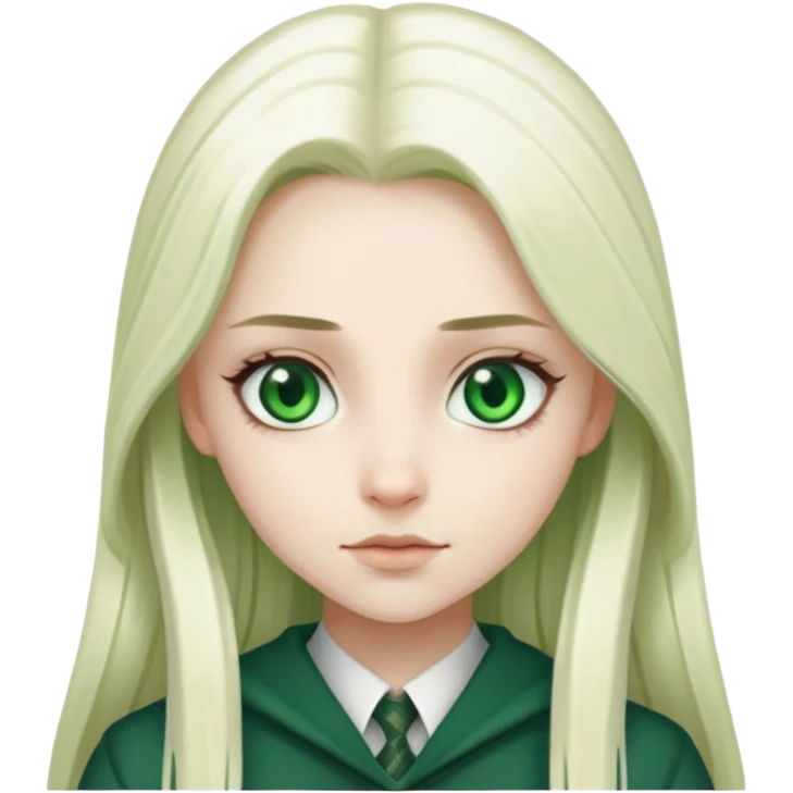 slytherin-student-girl-super-long straight light platinum blonde hair-green eyes emoji