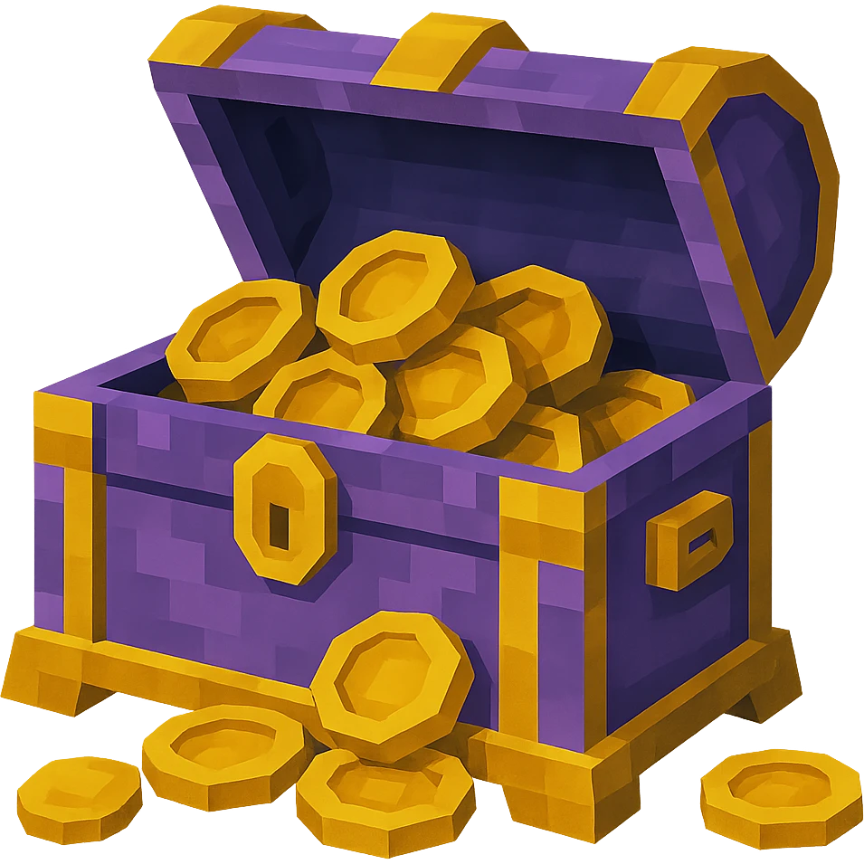 Make the purple and teal rewards chest open with coins spilling out, no background, 3D style. emoji