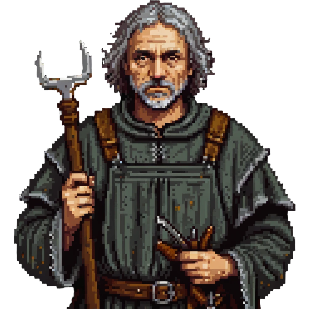 middle-aged peasant man in ragged medieval clothes with dirty face and simple tools emoji