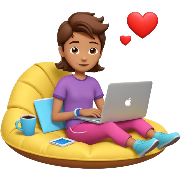 3D clay character relaxed with laptop and coffee, floating icons (envelope, heart, dollar), colofrful outfit, floating icons, white laptop, Pixar style, transparent background emoji