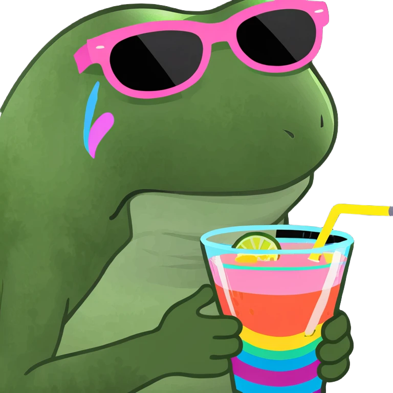 bufo frog with pink sunglasses holding a rainbow cocktail emoji