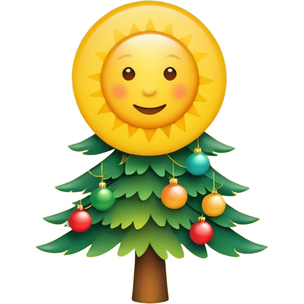 A bright sun next to a decorated Christmas tree, symbolizing summer party and Christmas celebration. Minimal details, flat colors, rounded shapes. emoji