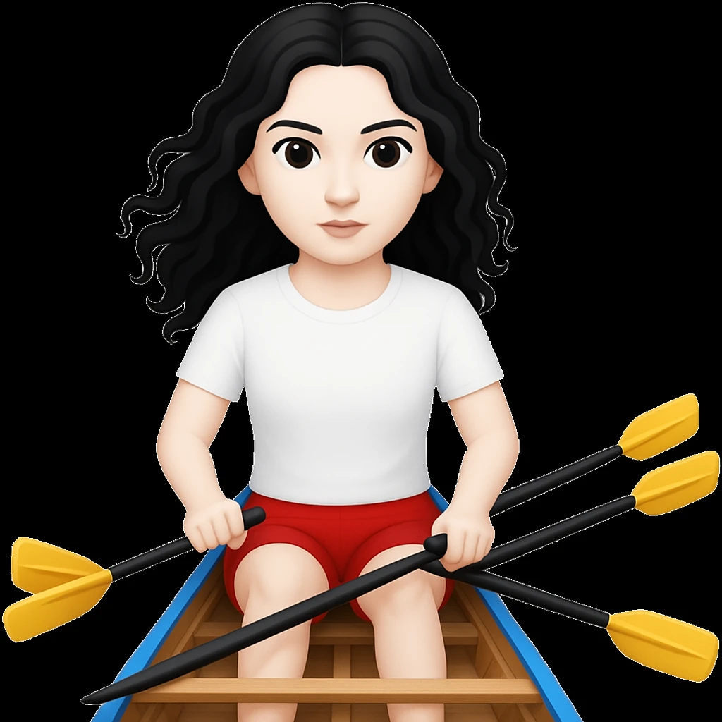 Kızın tenini daha beyaz yap, siyah uzun dalgalı saçlı, kırmızı şort ve beyaz kısa kollu tişörtle olimpik kürek sporu yapıyor emoji