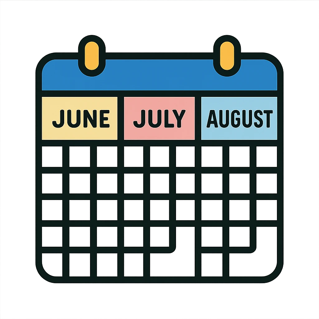 icon of a three-month calendar, month names June, July, August, minimalistic, clear grid, subtle color highlights emoji
