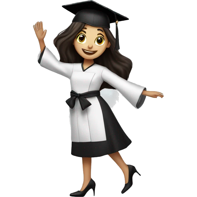 Girl with long dark brown hair, long eyelashes, wearing black high heels, dancing celebrating graduation from cooking school emoji