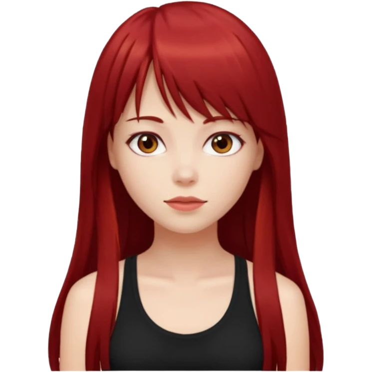 a pretty bratz fair girl with long dark red straight hair with bangs, wearing a black tank top emoji