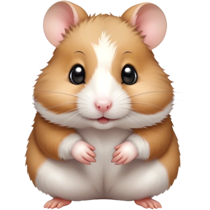Cinematic Cute Brown and White Banded Hamster Portrait Emoji, Head tilted playfully and inquisitively, showcasing a fluffy coat with playful brown and white banded patterns, round, sparkling dark eyes filled with curiosity, Simplified yet irresistibly adorable features, highly detailed, glowing with a warm, friendly glow, high shine, affectionate and lively, stylized with a touch of whimsy, bright and endearing, soft glowing outline, capturing the essence of a mischievous yet loving hamster, so playful it feels like it could dash out of the screen and into your arms! emoji