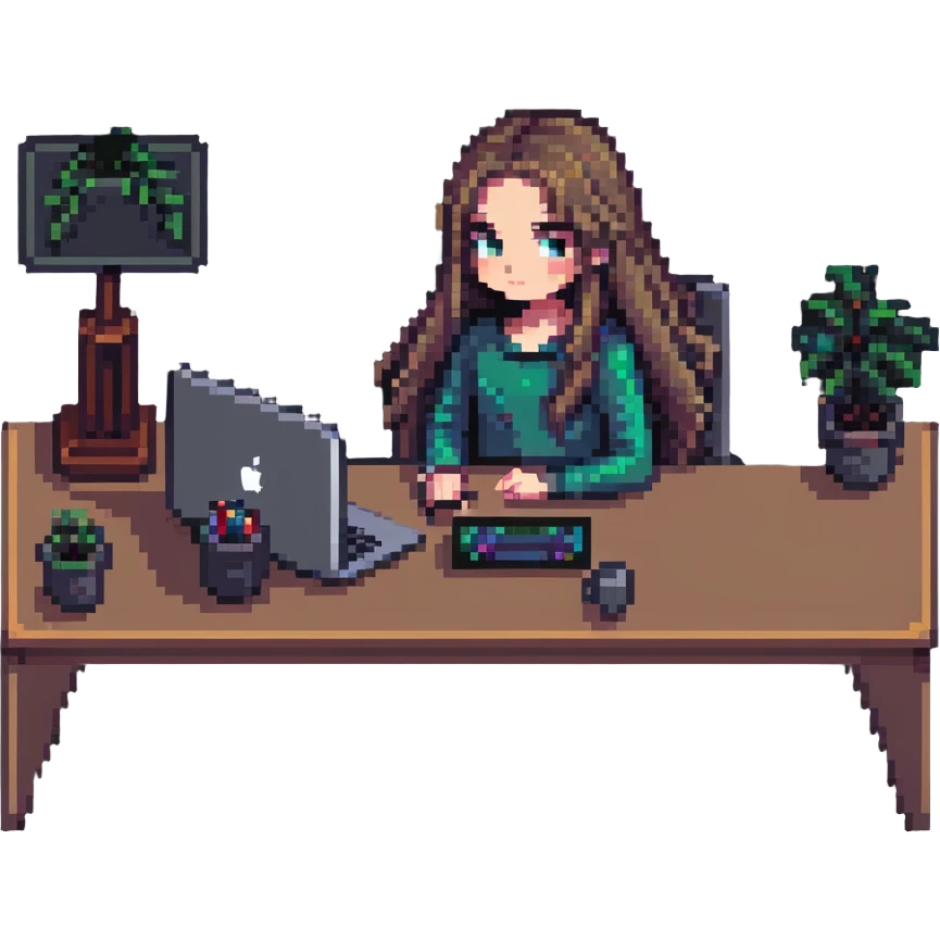 girl with long hair, only eyes visible above MacBook, working at a desk, pixel art style emoji