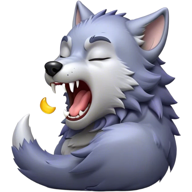 Cinematic Cute Yawning Werewolf Portrait Emoji, with a cuddly, miniature lupine form in soft moonlit grays and silvers, head leaning back in a big, adorable yawn that reveals a few fuzzy teeth, simplified yet irresistibly charming, highly detailed with a soft glowing outline that captures the drowsy, playful essence of a werewolf mid-nap! emoji