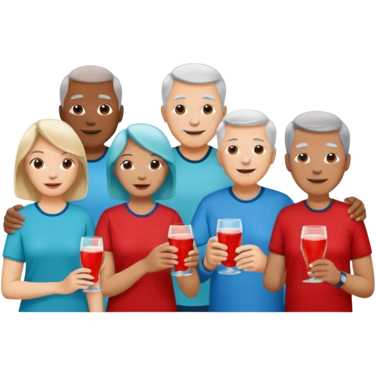 A room packed with adults and seniors in casual clothing with red, aqua and blue shirts, some with drinks, chatting at an afterwork meeting emoji