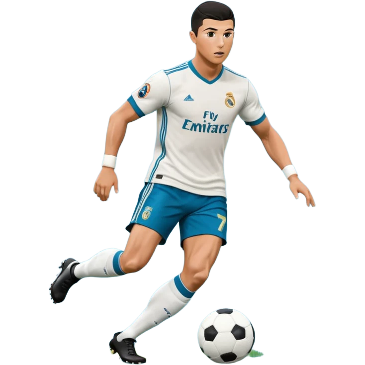 Ronaldo dribbling with a touch into a football While wearing a 2018 real madrid Retro blue kit  emoji