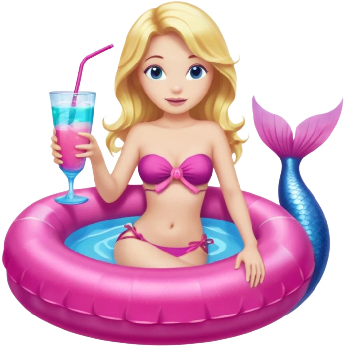 woman who is a mermaid with blonde hair and blue eyes sitting in a pink pool tube in a blue pool sipping a drink wearing a pink bikini top and a pink mermaid tail  emoji