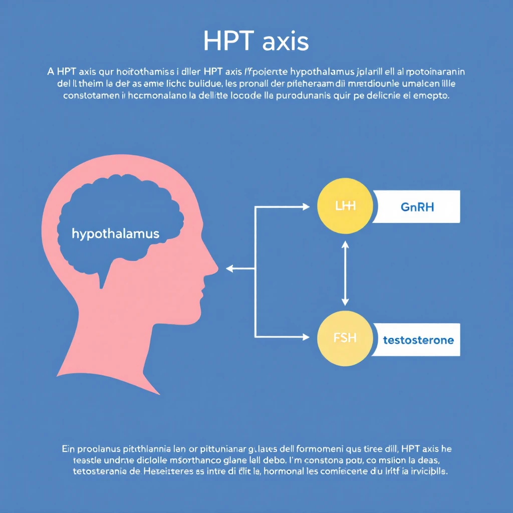 clear and realistic infographic of the HPT axis (hypothalamus-pituitary-testes): showing hypothalamus, pituitary gland, and testes connected by arrows, including hormone names (GnRH, LH, FSH, testosterone), simple diagram, distinct colors for each part, scritte in italiano emoji