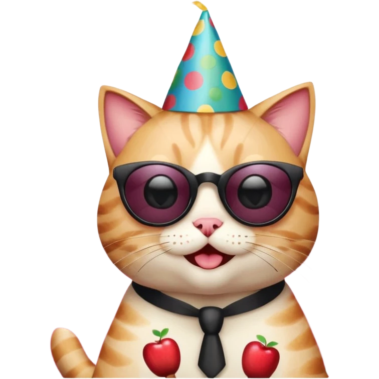 winking happy cat with a huge polka dot birthday hat, black sunglasses, and a wine glass, surrounded by confetti and streamers, apple emoji style emoji