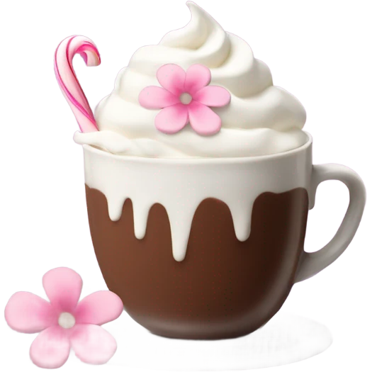 Hot chocolate with pale pink flower and whipped cream emoji