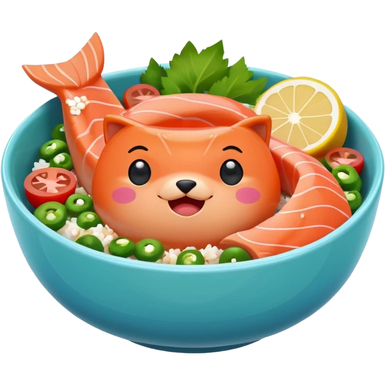 salmon poke bowl with cute expression on bowl, bright and vivid colors, simple background, iPhone emoji style emoji