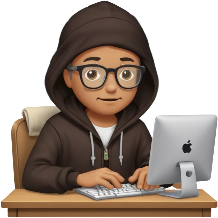 pirate with glasses and a hoodie, typing on a computer, surrounded by code, fun and quirky emoji