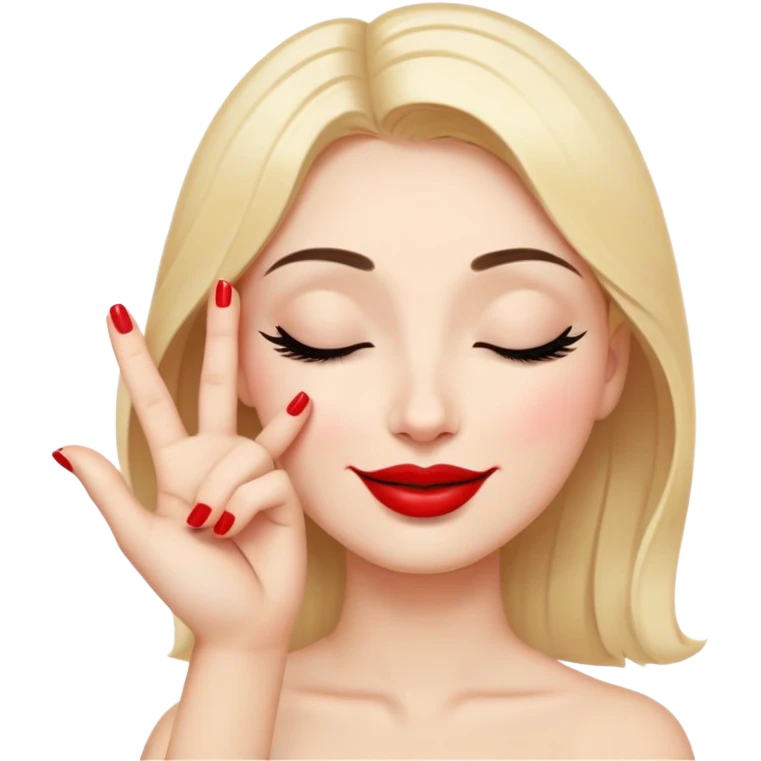 A smiling face with closed eyes forming upward curved lines, visible eyelashes, pursed lips with red lipstick, and a hand showing only the thumb out with all other fingers closed against the palm, painted nails emoji