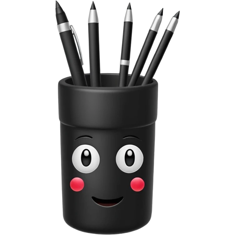 black pen holder cup with several black pens inside, emoji style emoji