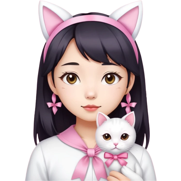 An Asian girl with white cat ears and a pink ribbon emoji